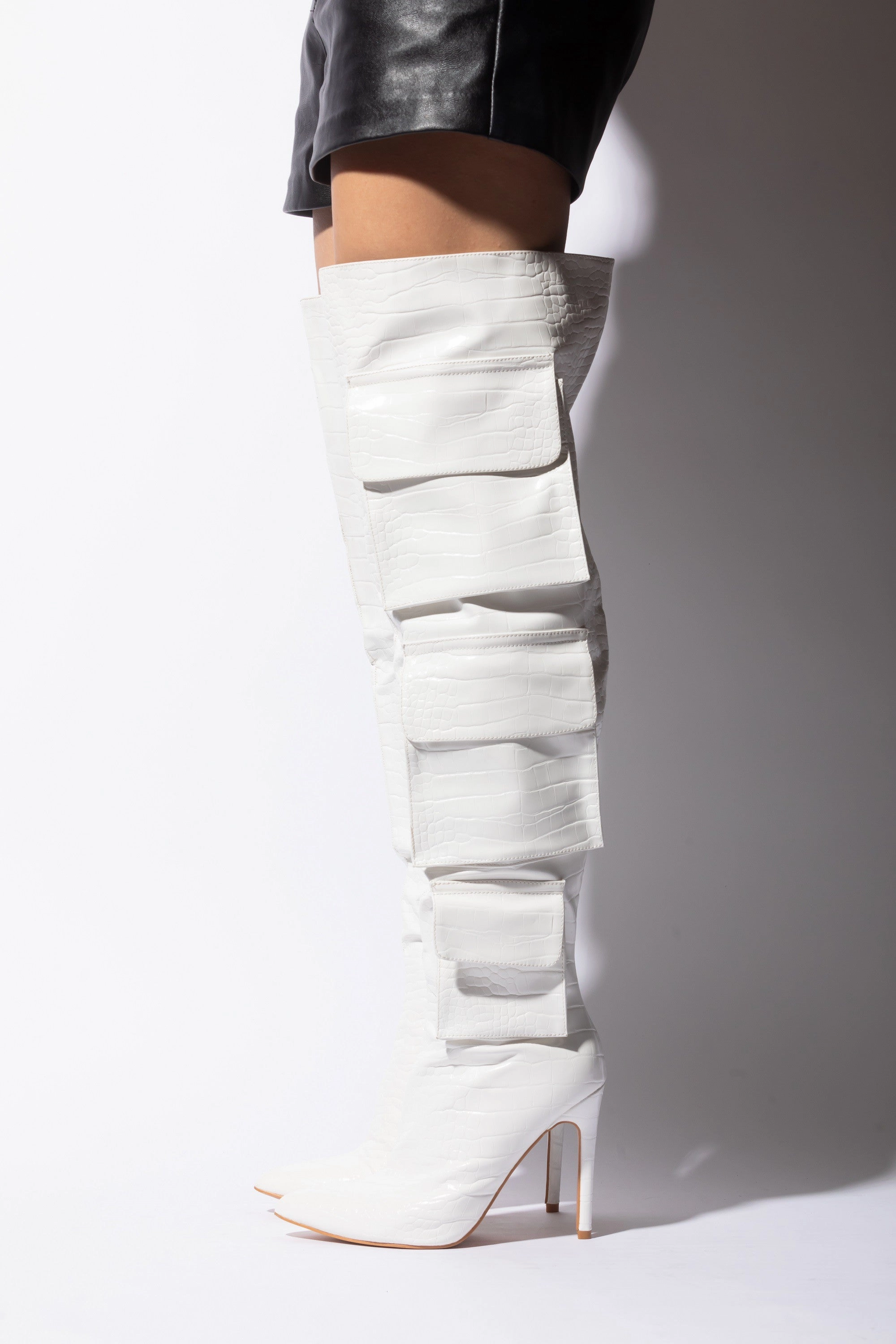 HUNTER White Lace Up Leather Knee High Boots