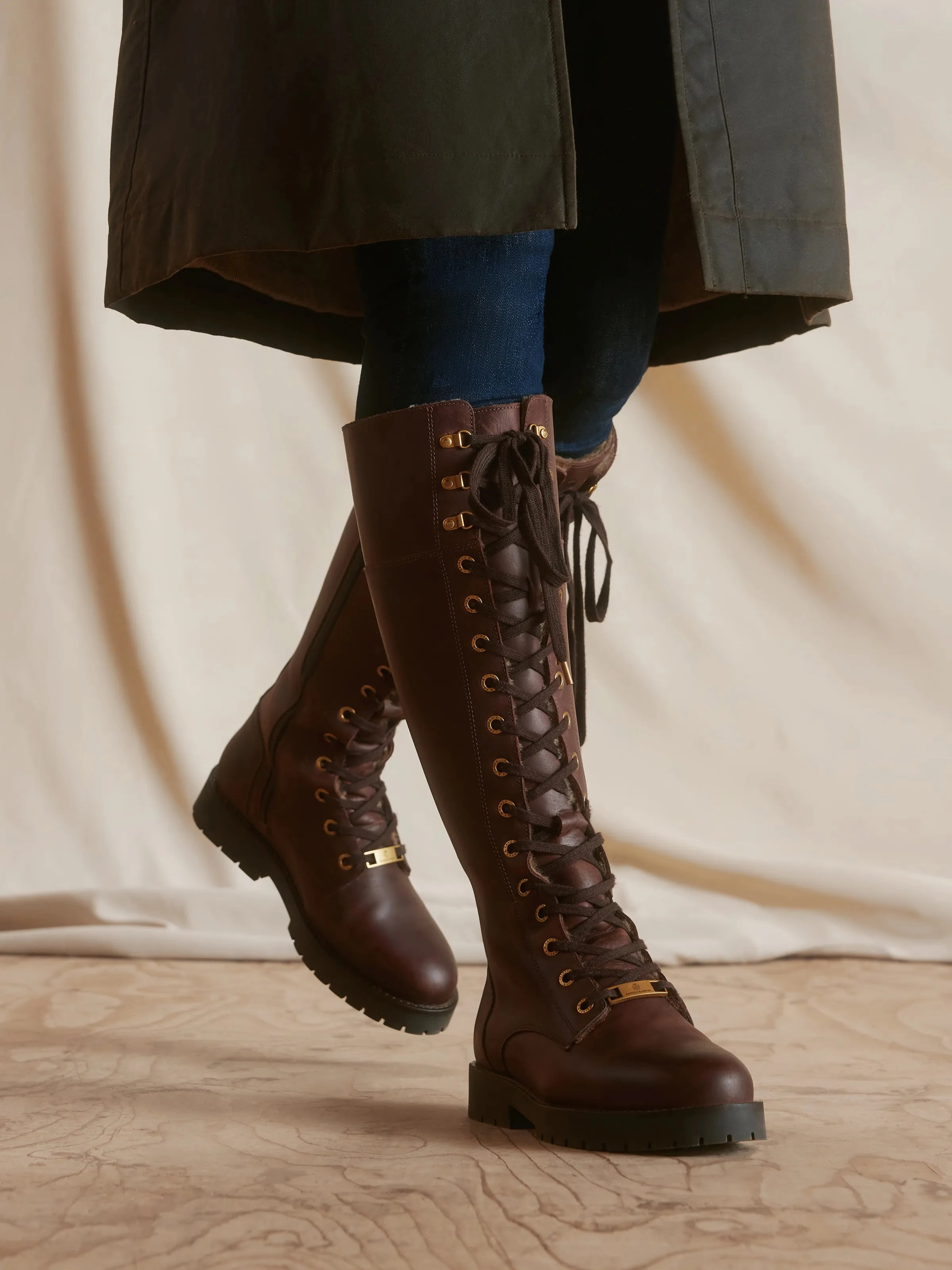 Knee High Shearling Lined Anglesey - Mahogany Leather Flat Thigh High Boots