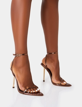 Legacy Bronze Croc Barely There Pointed Toe Gold Stiletto Heels High Heel Buckle Boots