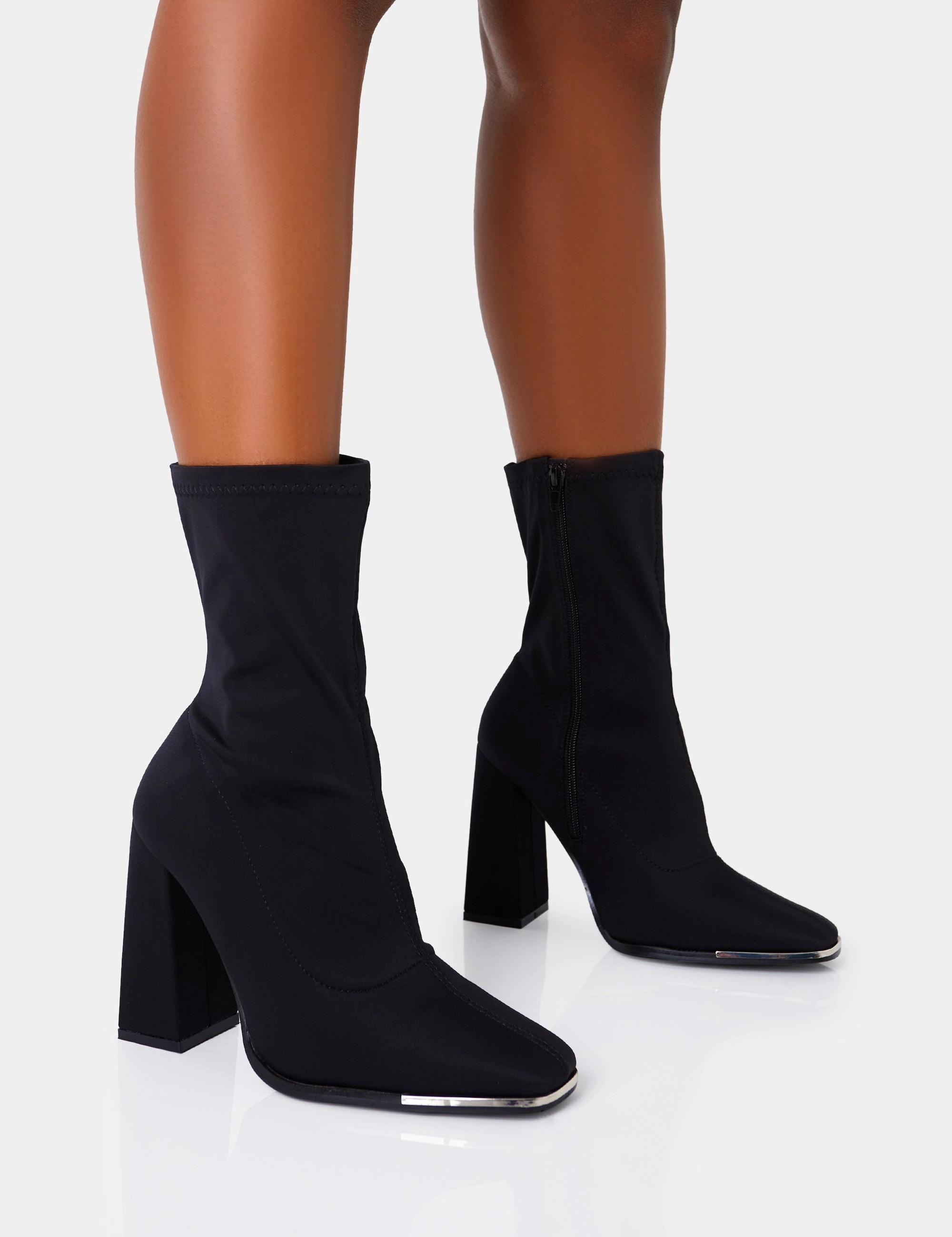 Liberty Wide FIt Black Lycra Sock Block Heeled Ankle Boots Open-toed Boots