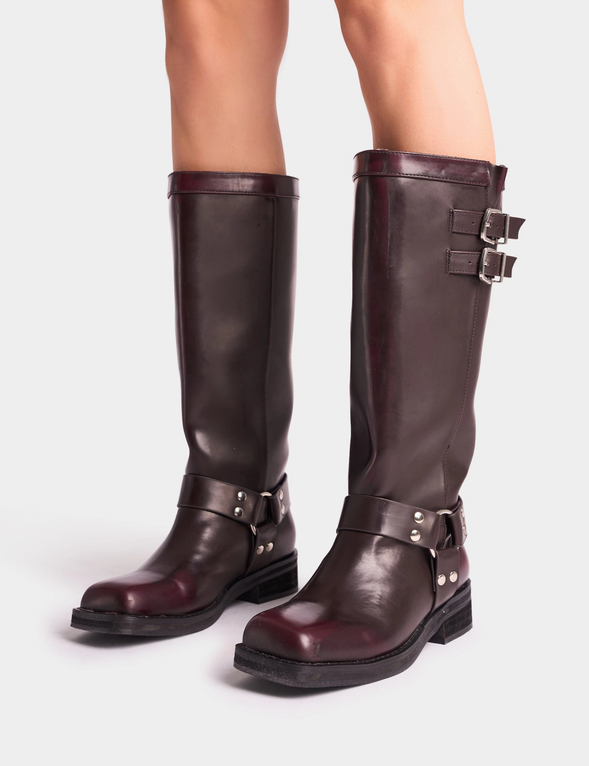 Military Knee High Boots Sirius Burgundy Vintage Buckle Knee Hight Flat Boots