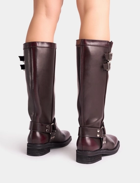 High Knee Heel Boots Sirius Burgundy Vintage Buckle Knee Hight Flat Boots