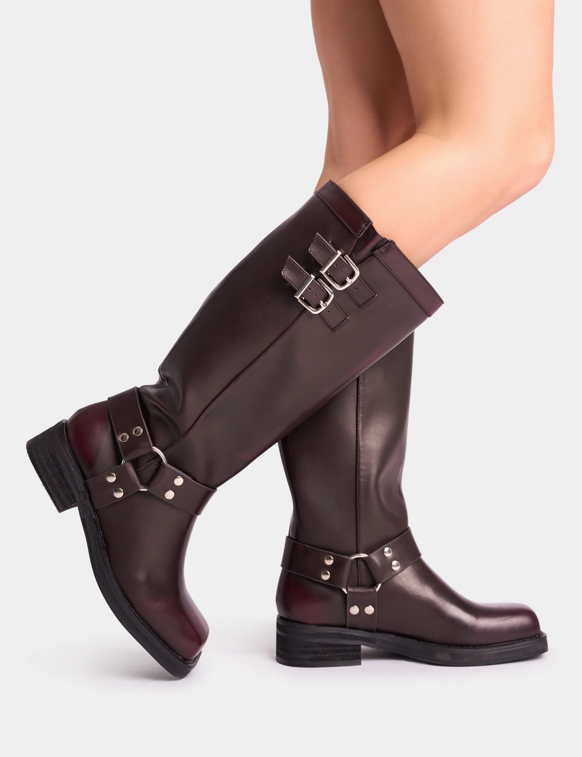 Sirius Burgundy Vintage Buckle Knee Hight Flat Boots Casual Knee High Boots Outfit With Jeans