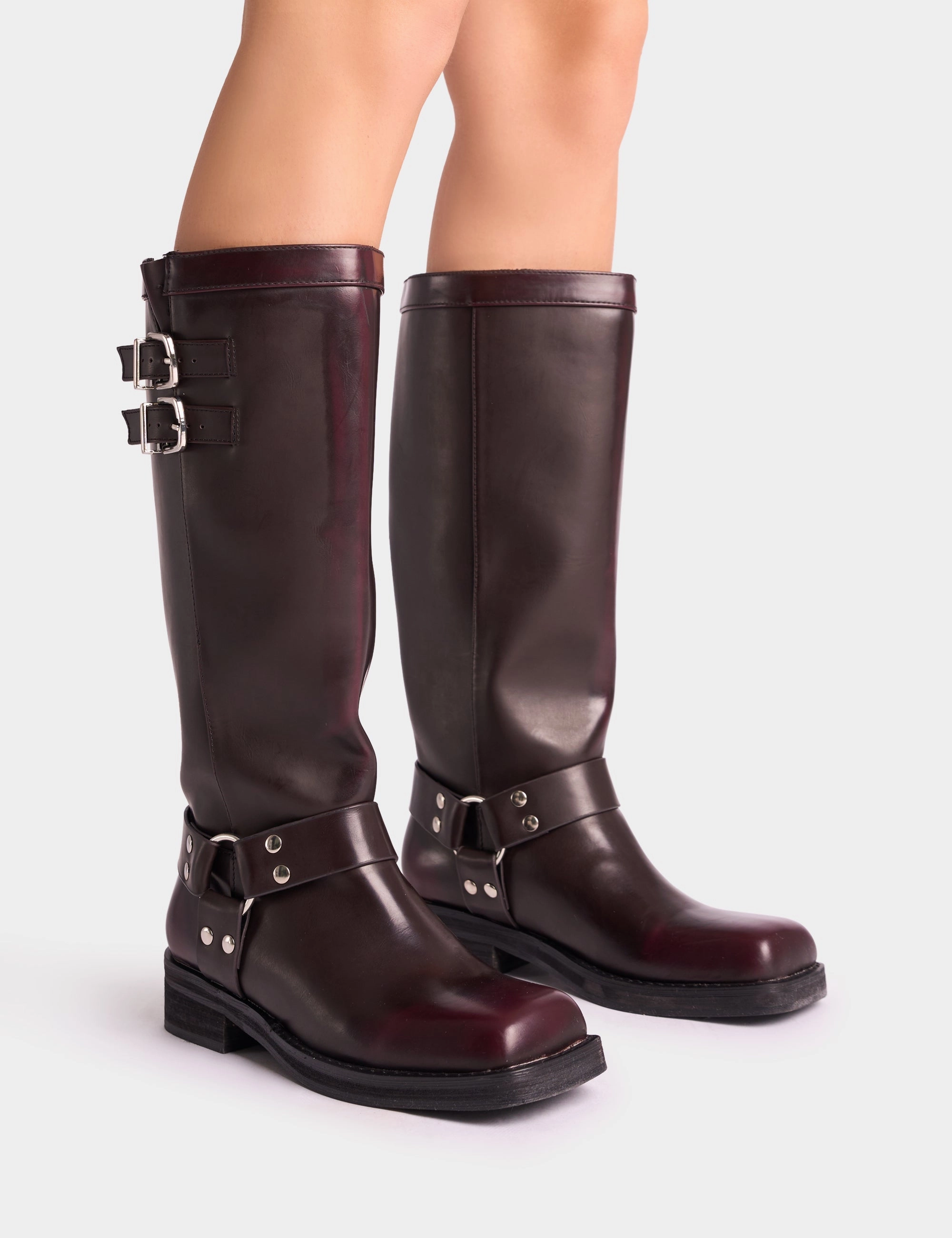Fake Leather Knee High Boots Sirius Burgundy Vintage Buckle Knee Hight Flat Boots