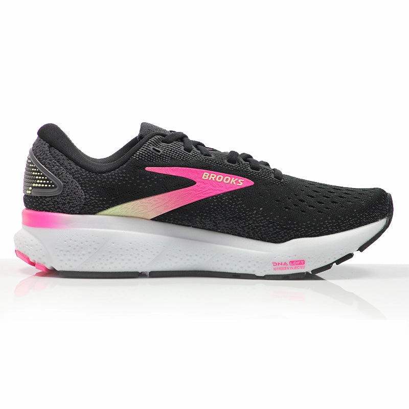 Brooks Ghost 16 Women's Wide Fit Running Shoe - Black/Pink/Yellow Neutral Running Shoes