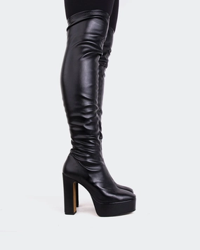 Kalaf Black Stretch Mid Calf Platform Chelsea Boots