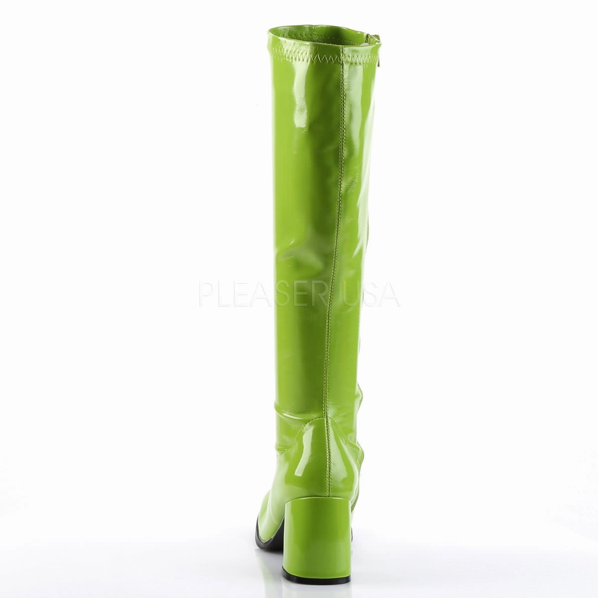3 Inch Heel GOGO-300 Lime Green Pat Knee High Boots On Jeans