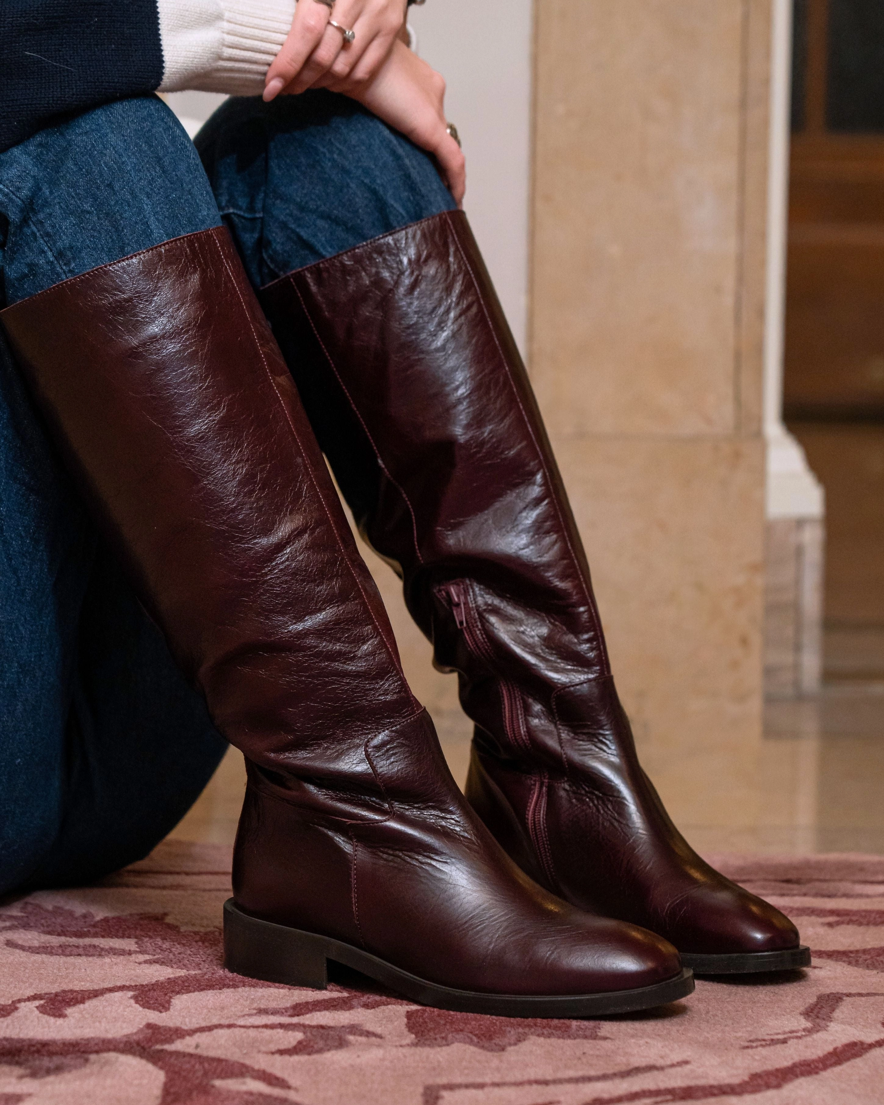 Moyle Burgundy Leather Kitten Heel Over Knee Boots