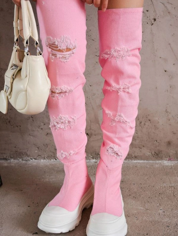 Sexy Leather Knee High Boots LOOKS Pink Denim