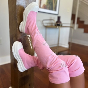 LOOKS Pink Denim Mulberry Boots Knee High