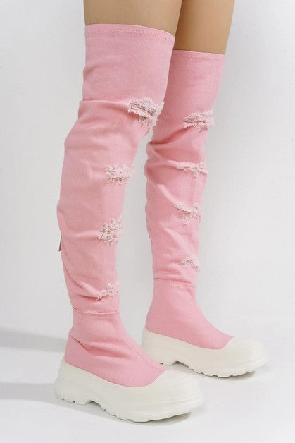 LOOKS Pink Denim Kaydin Knee High Boot