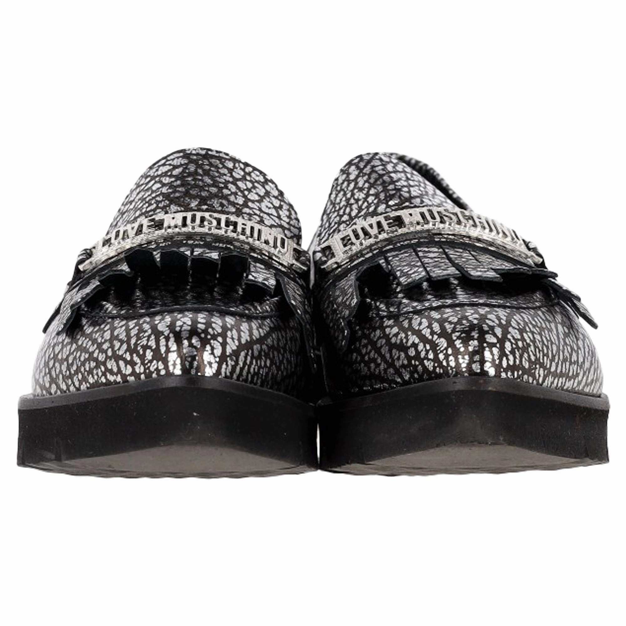 Love Moschino Cracked Accent Loafers in Metallic Silver Leather Loafers Glory North Carolina