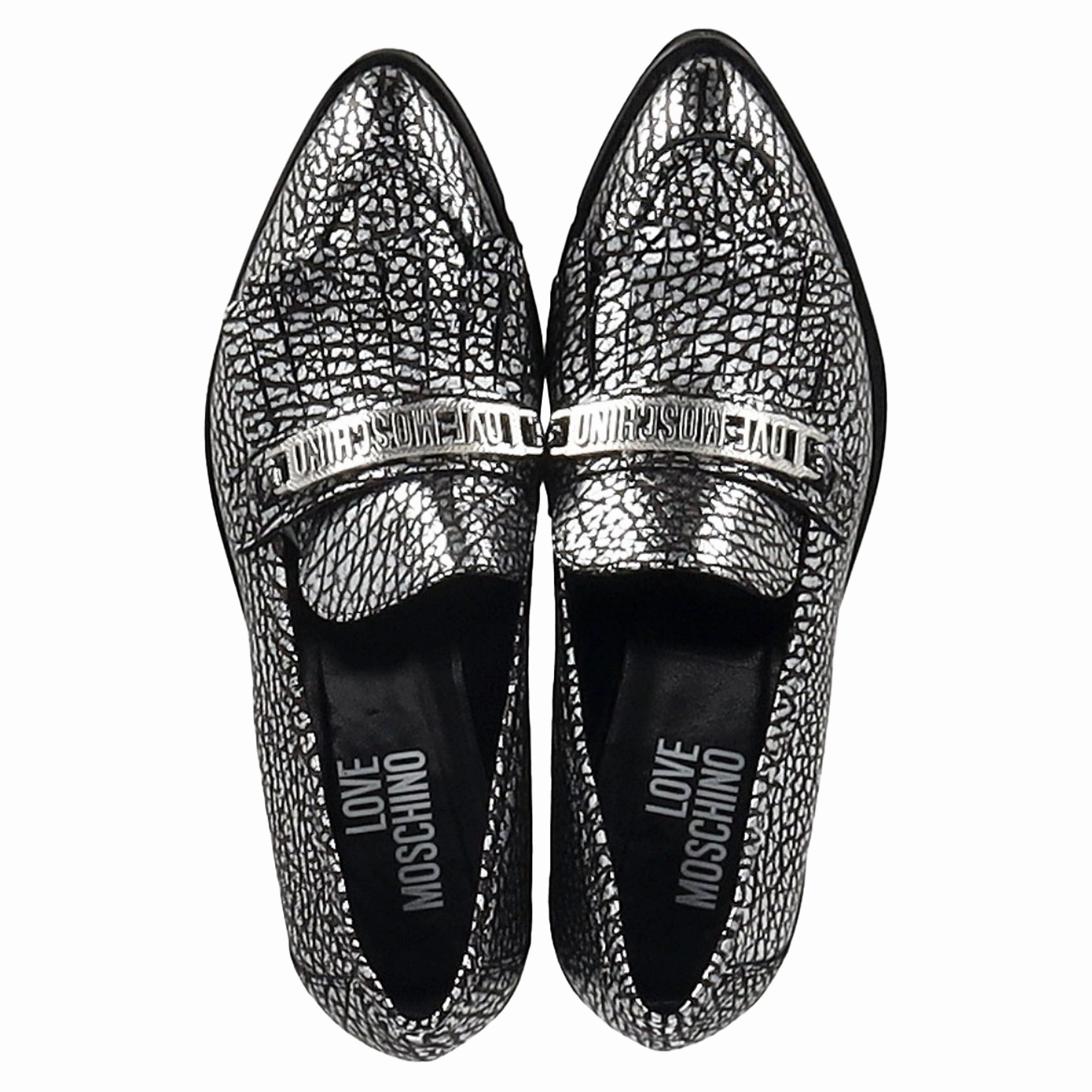 Love Moschino Cracked Accent Loafers in Metallic Silver Leather Penny Loafers No Socks