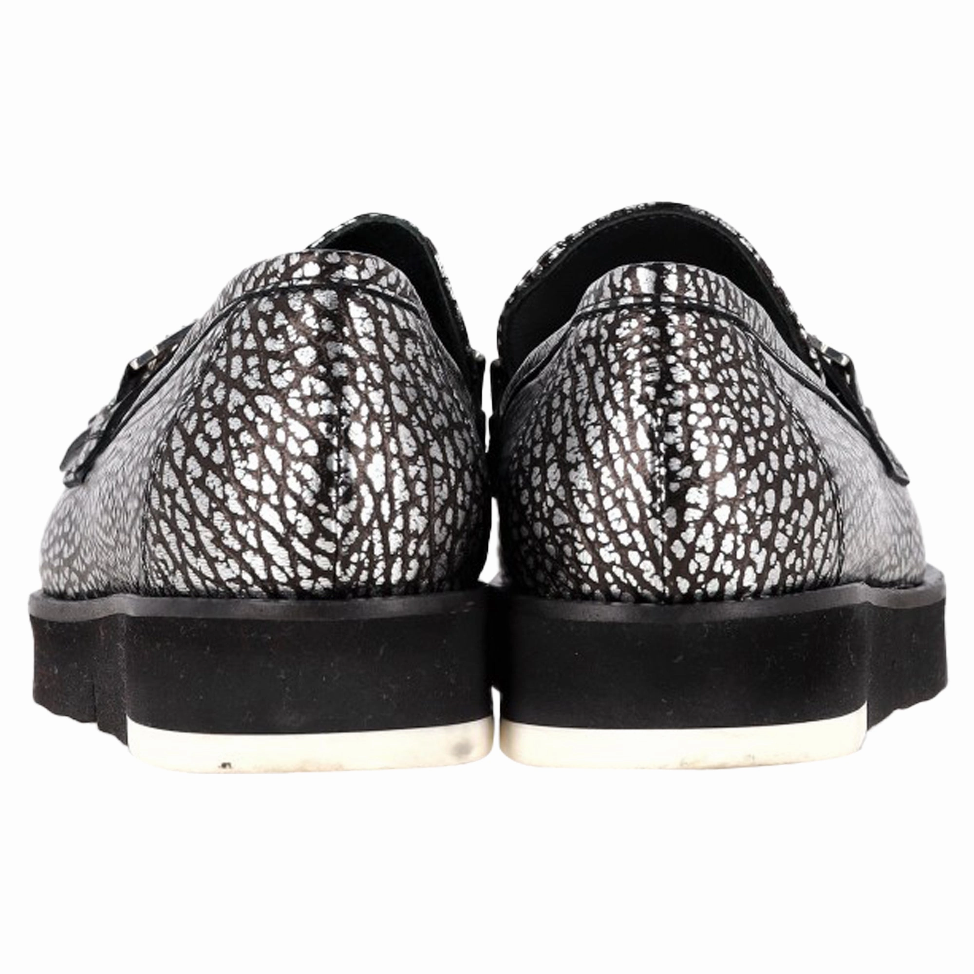 Luxury Loafers Love Moschino Cracked Accent Loafers in Metallic Silver Leather