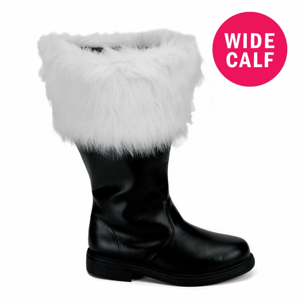 Kitten Heel Boots Knee High Men's Black Pu Wide Calf Santa Boots with White Faux Fur