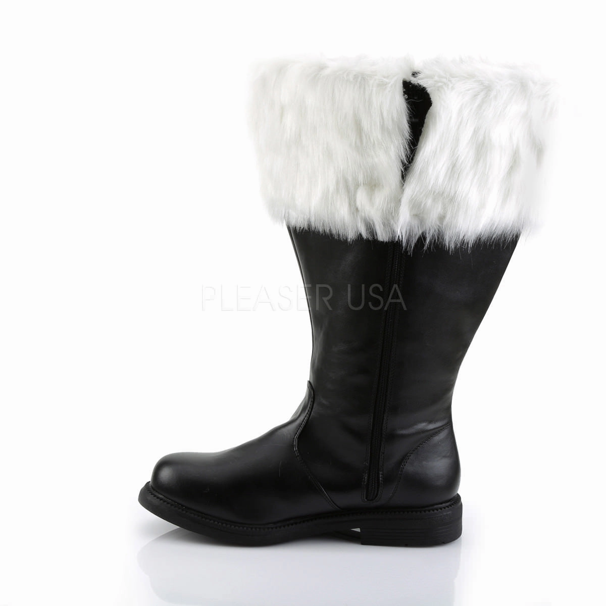 Boots For Big Calves Men's Black Pu Wide Calf Santa Boots with White Faux Fur