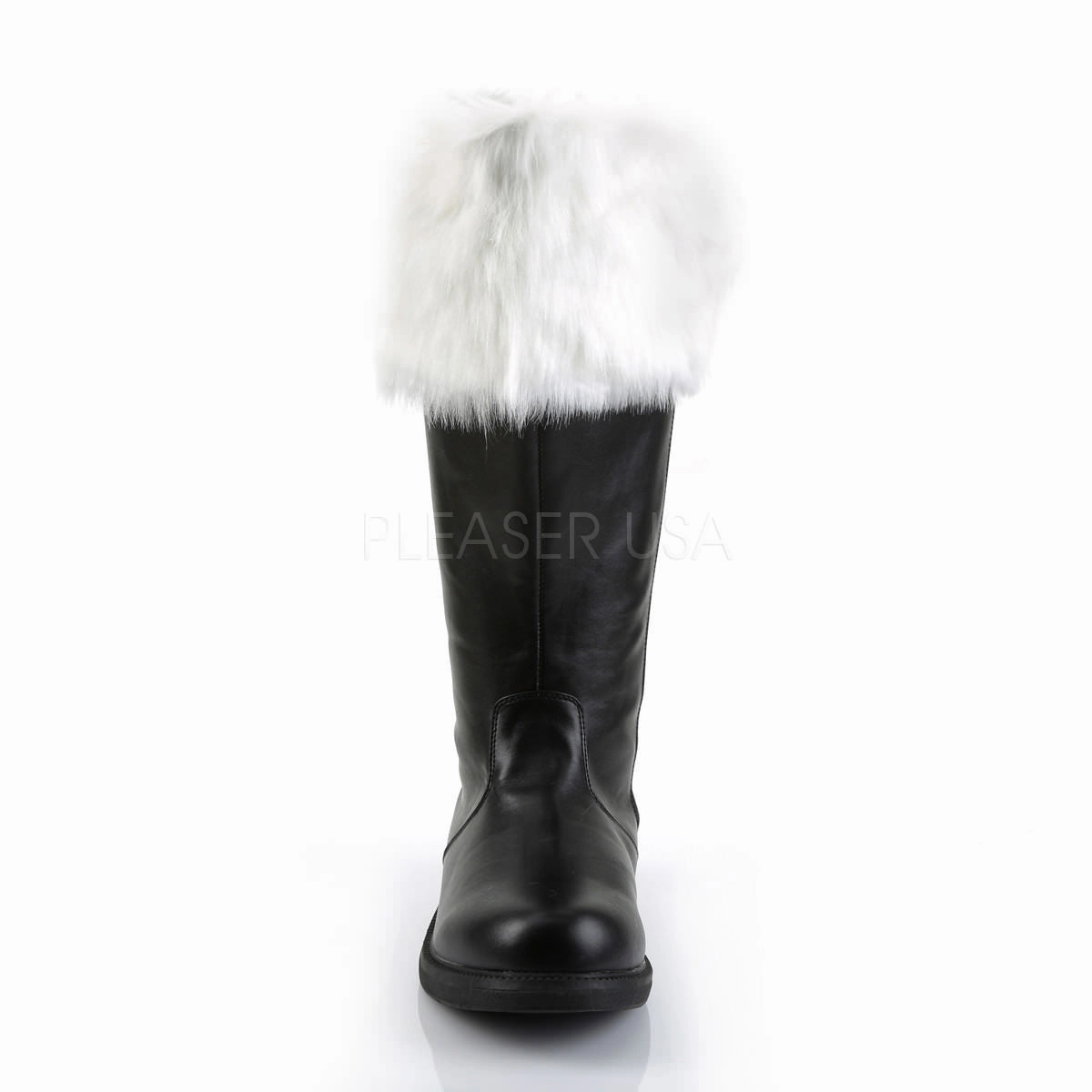 Men's Black Pu Wide Calf Santa Boots with White Faux Fur Vintage Knee High Boots