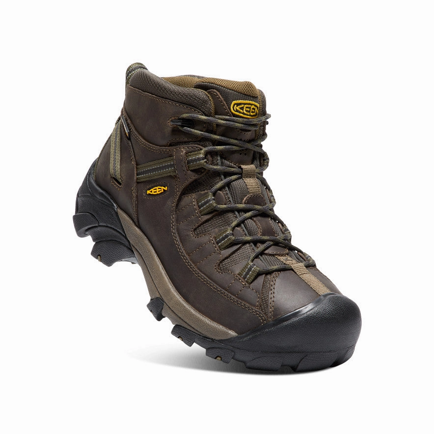 Men's Targhee II Mid Waterproof Hiking Boots  |  Canteen/Dark Olive Wearing Hiking Boots With Shorts