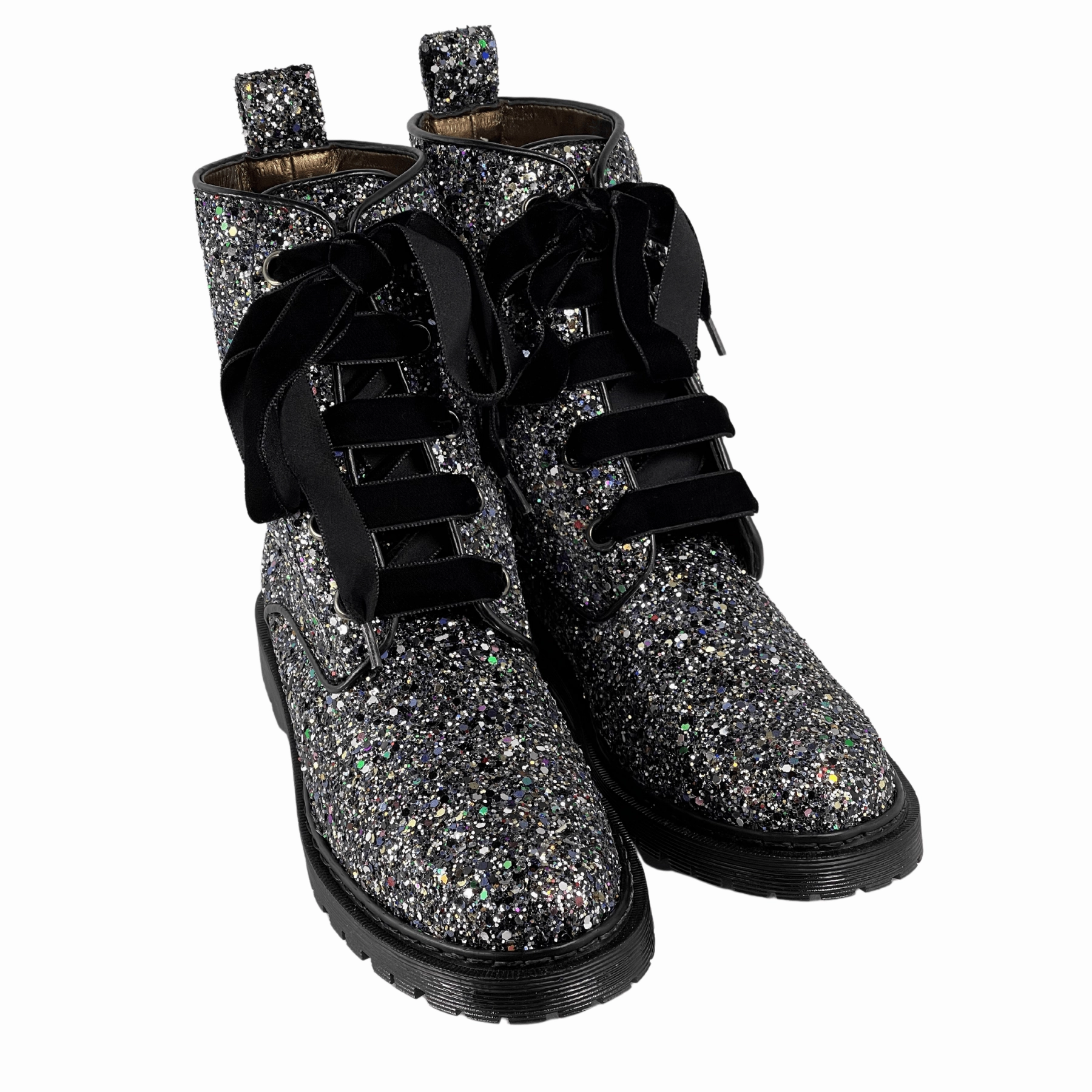 'Billie' vegan combat boots by Zette Shoes - silver glitter Trudie Combat Boots