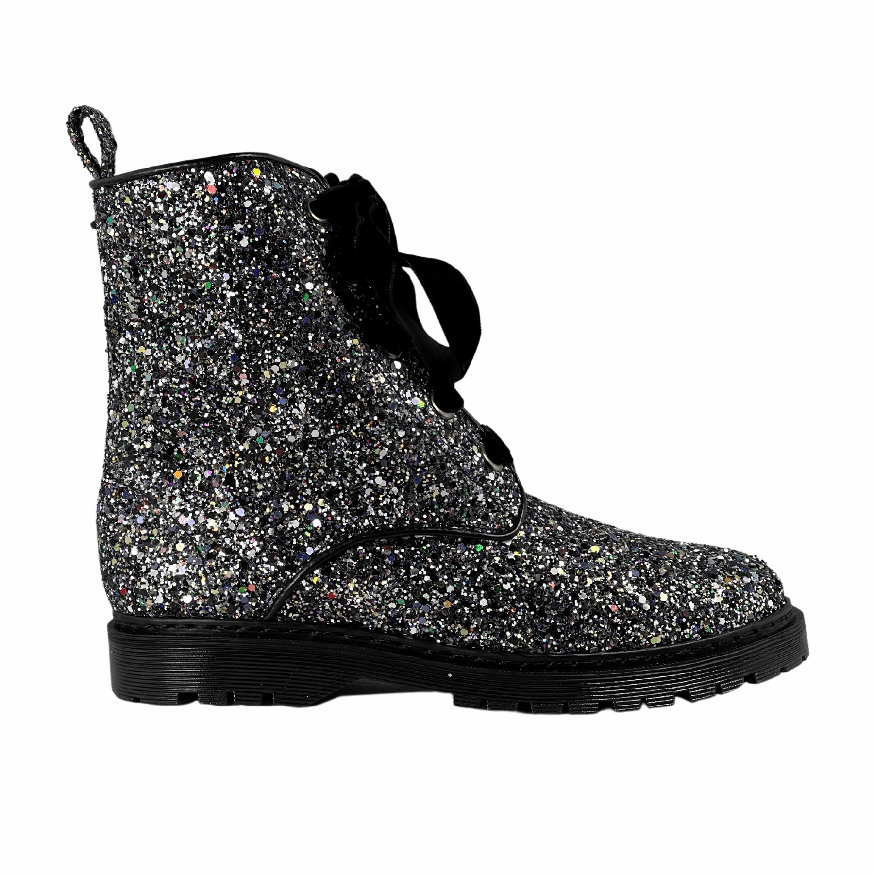 'Billie' vegan combat boots by Zette Shoes - silver glitter Reznor Combat Boots