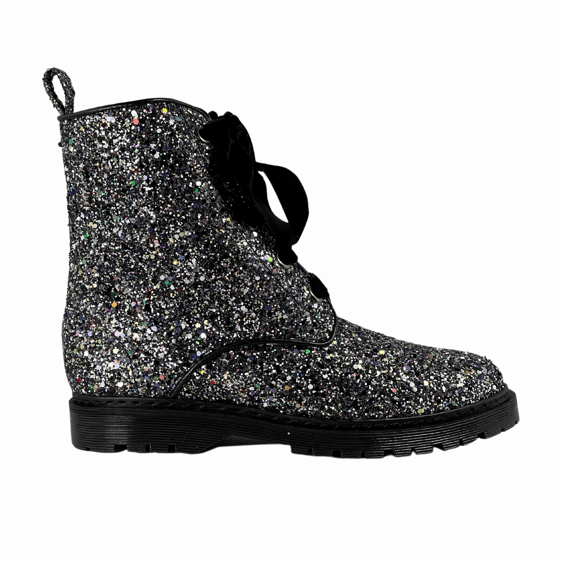'Billie' vegan combat boots by Zette Shoes - silver glitter Zipper Combat Boot