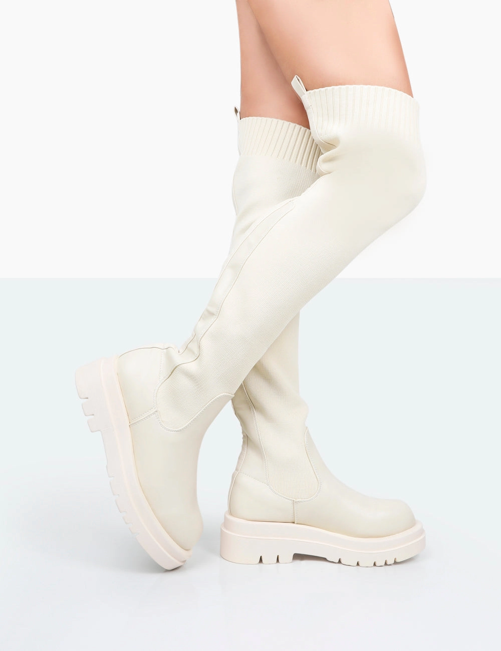 Flat Over Knee High Boots New-Me Ecru Pu and Knit Over The Knee Chunky Sole Sock Fit Boots