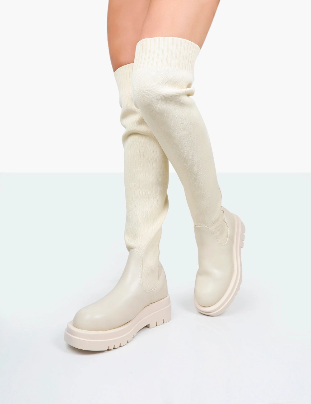 Banana Knee High Pointed Toe Boots New-Me Ecru Pu and Knit Over The Knee Chunky Sole Sock Fit Boots