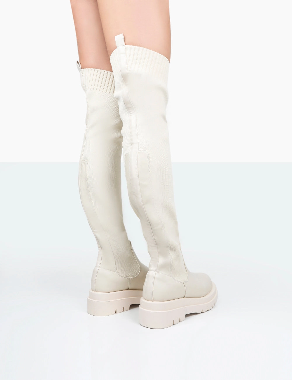 Fold-over Cuffed Knee High Wedge Dress Boots New-Me Ecru Pu and Knit Over The Knee Chunky Sole Sock Fit Boots