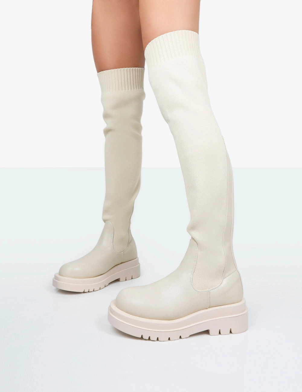 Boots No Heel Knee High New-Me Ecru Pu and Knit Over The Knee Chunky Sole Sock Fit Boots