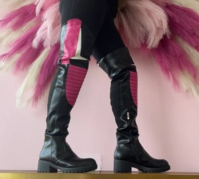 Knee High Boots With Tread NORRIS-1 Pink/Black Faux Leather Over Knee Moto Boot  - Motorcycle Styling Detail