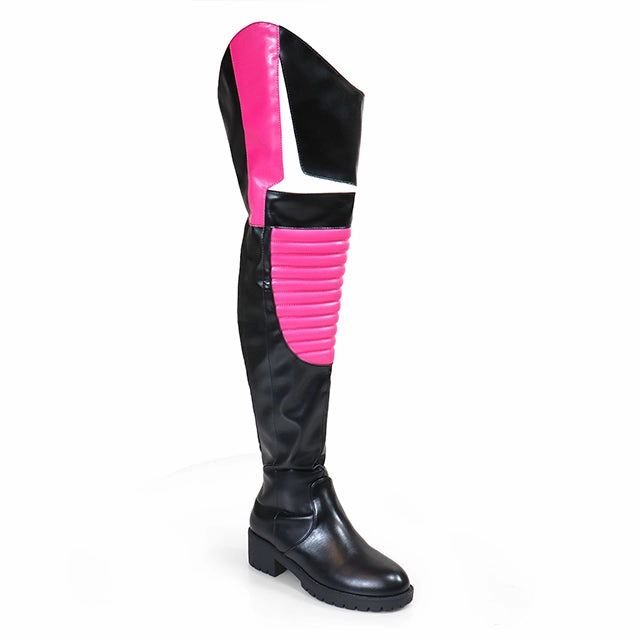 Wedge Boots Knee High NORRIS-1 Pink/Black Faux Leather Over Knee Moto Boot  - Motorcycle Styling Detail