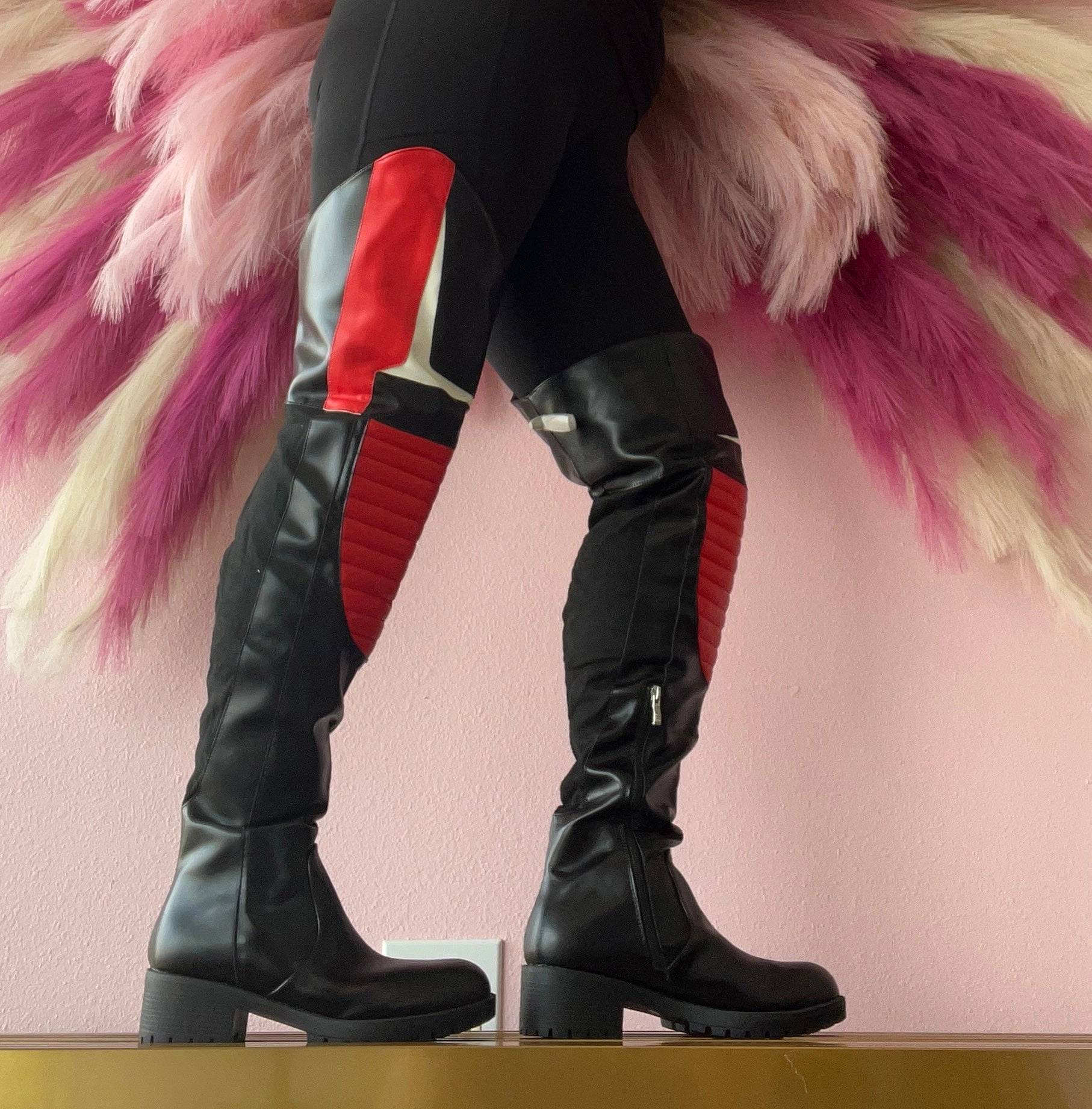Folded Knee High Boots NORRIS-1 Red/Black Faux Leather Over Knee Moto Boot  - Motorcycle Styling Detail
