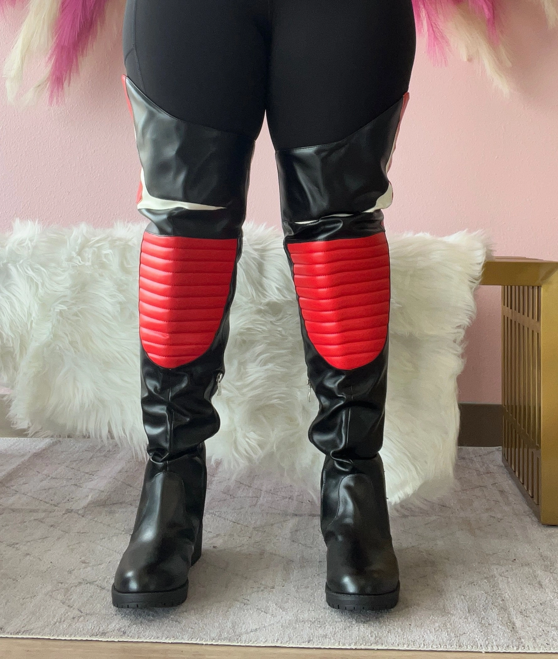 Button Up Boots Knee High NORRIS-1 Red/Black Faux Leather Over Knee Moto Boot  - Motorcycle Styling Detail