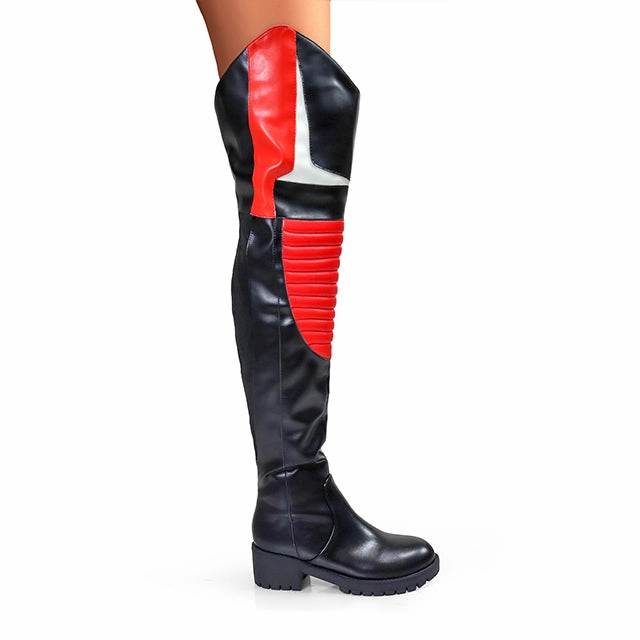 Knee High Boots Gold Heel NORRIS-1 Red/Black Faux Leather Over Knee Moto Boot  - Motorcycle Styling Detail