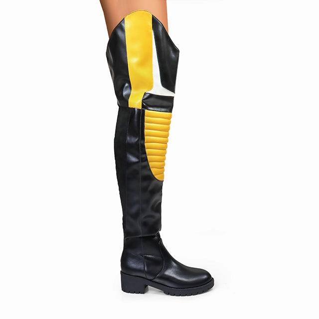 Knee High Holographic Boots NORRIS-1 Yellow/Black Faux Leather Over Knee Moto Boot  - Motorcycle Styling Detail