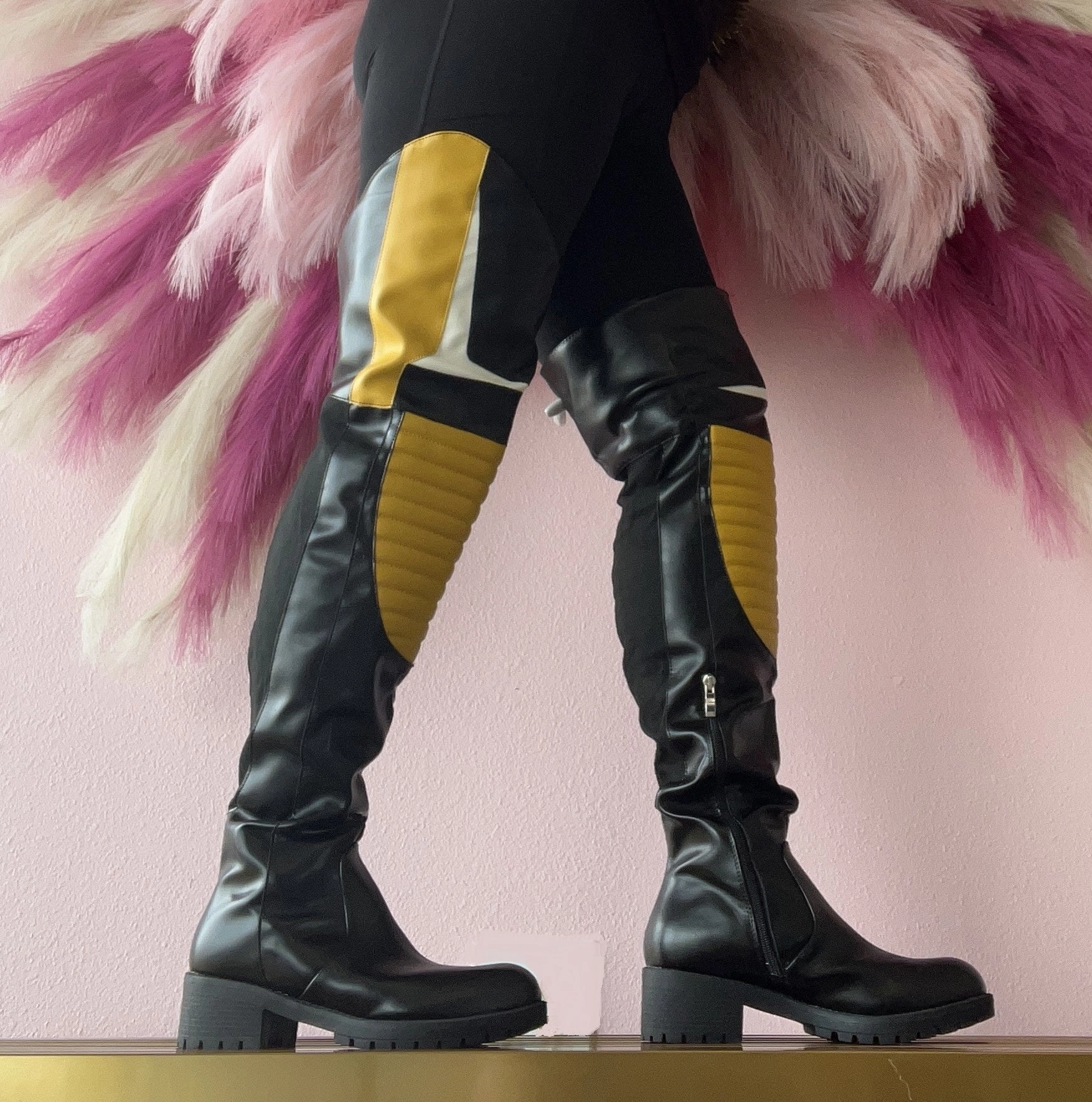 Block Knee High Boots NORRIS-1 Yellow/Black Faux Leather Over Knee Moto Boot  - Motorcycle Styling Detail