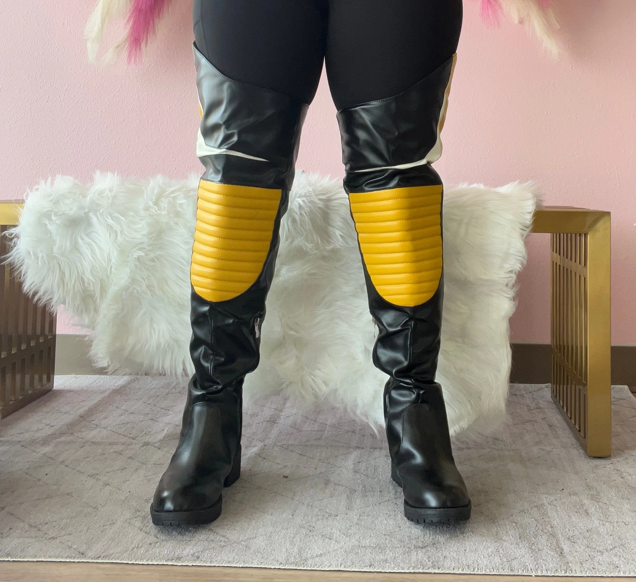 NORRIS-1 Yellow/Black Faux Leather Over Knee Moto Boot  - Motorcycle Styling Detail Lizah Knee High Stacked Block Heel Boots