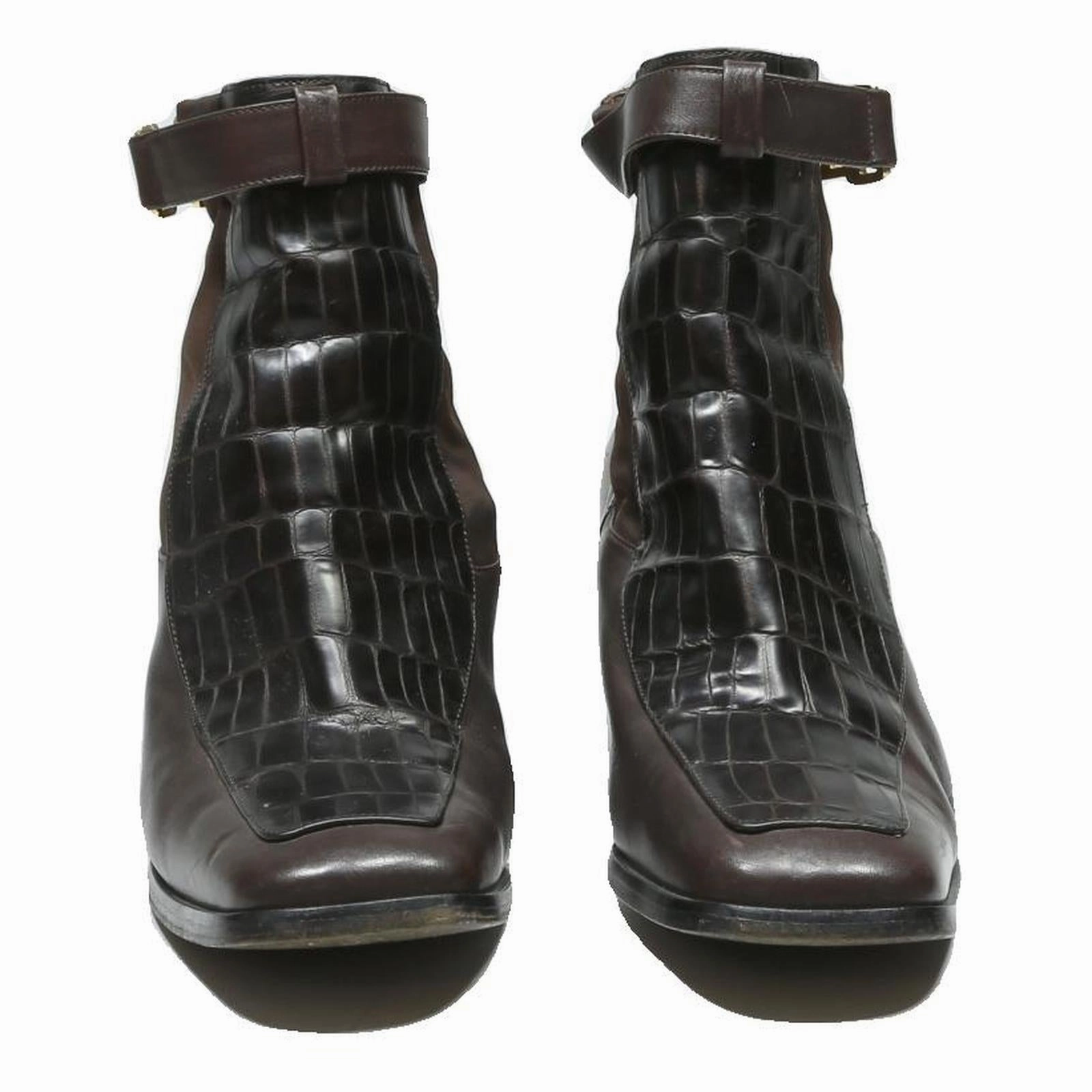 Boa Snow Boots NOUCHKA Womens Ankle Boots Brown Leather UK 4.5 Croc Effect Strap Heel Stylish