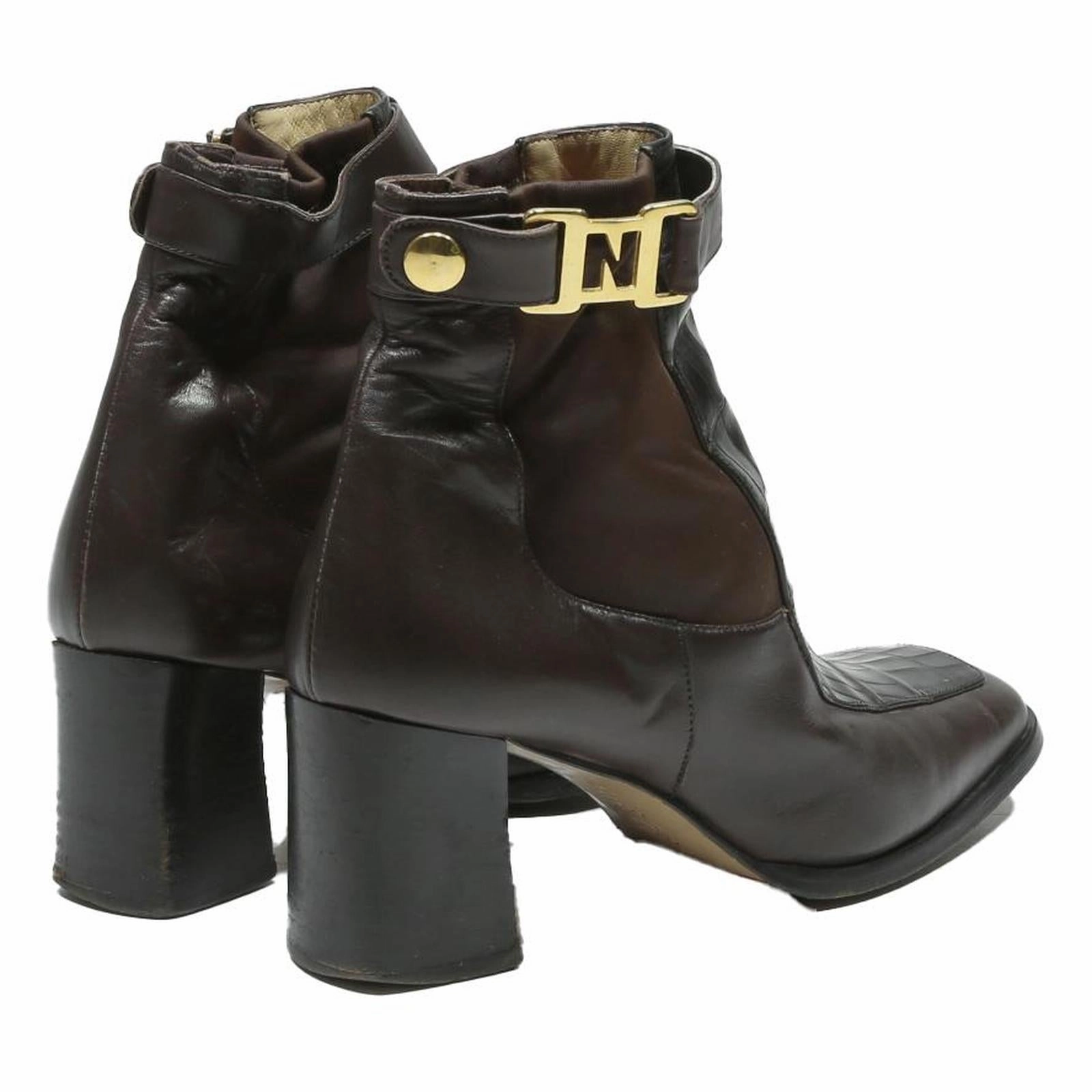 Ice Bug Boots NOUCHKA Womens Ankle Boots Brown Leather UK 4.5 Croc Effect Strap Heel Stylish