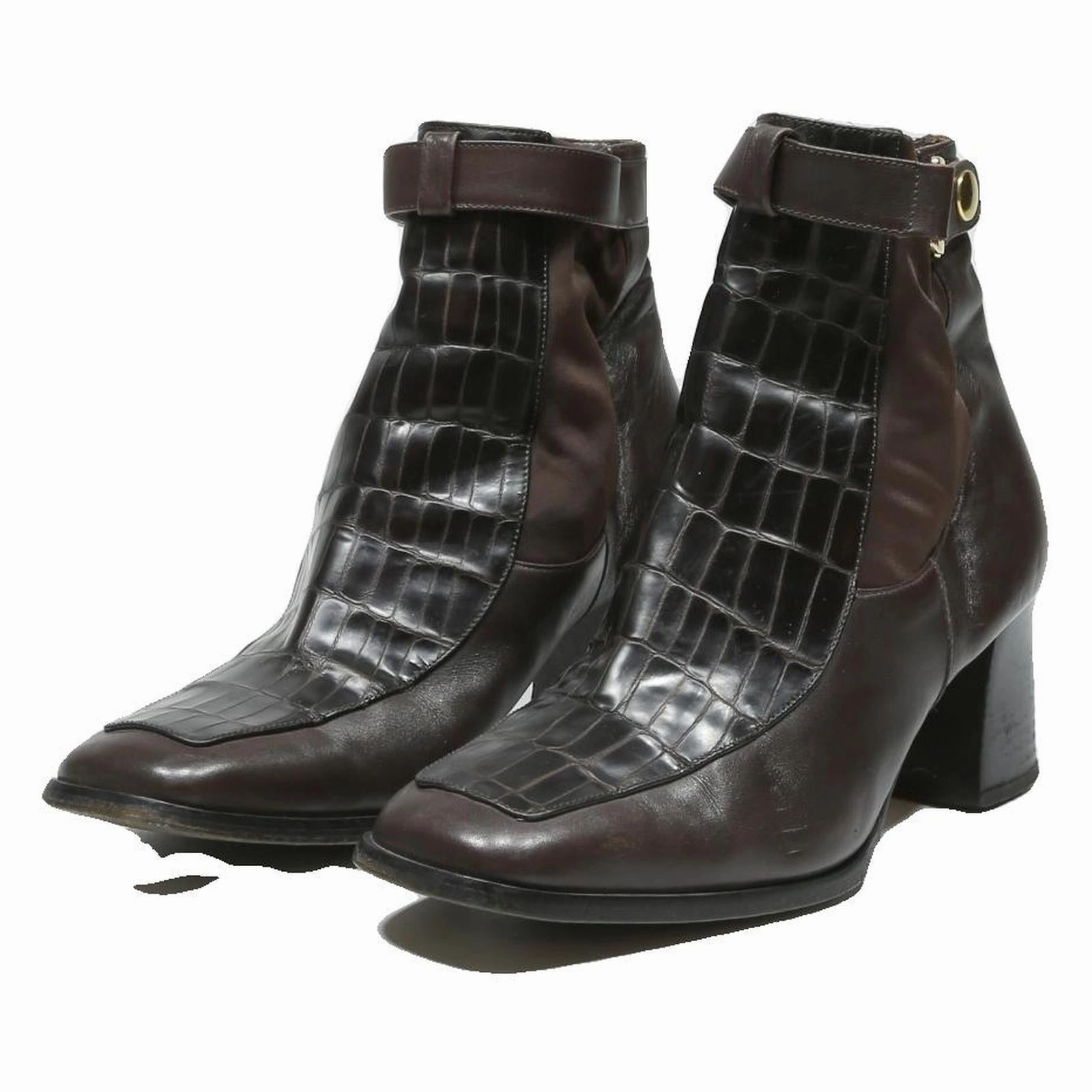 NOUCHKA Womens Ankle Boots Brown Leather UK 4.5 Croc Effect Strap Heel Stylish Blousing Boots