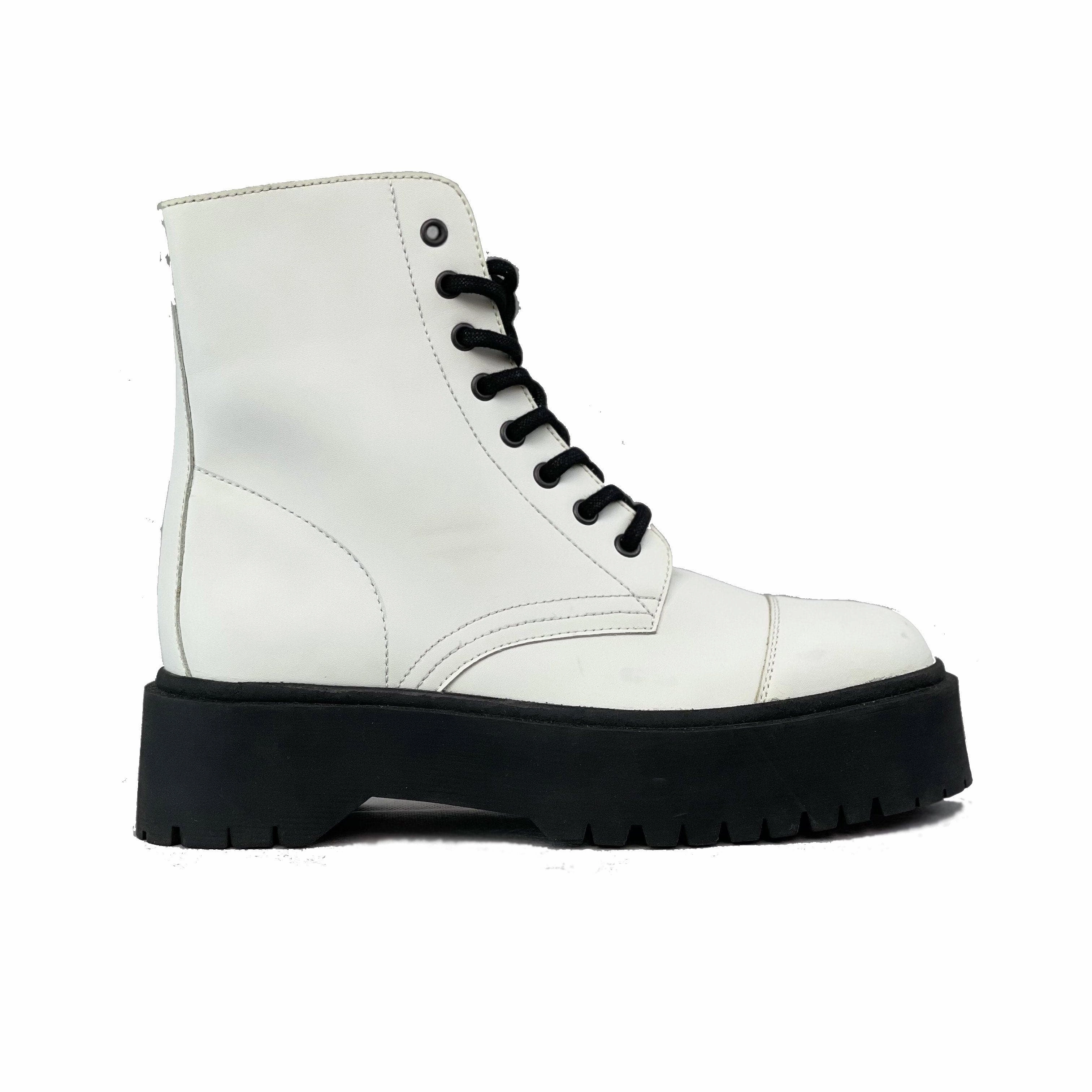 'Leela' vegan-leather boot with stacked sole for women by Zette Shoes - white Combat Boots Without Zipper
