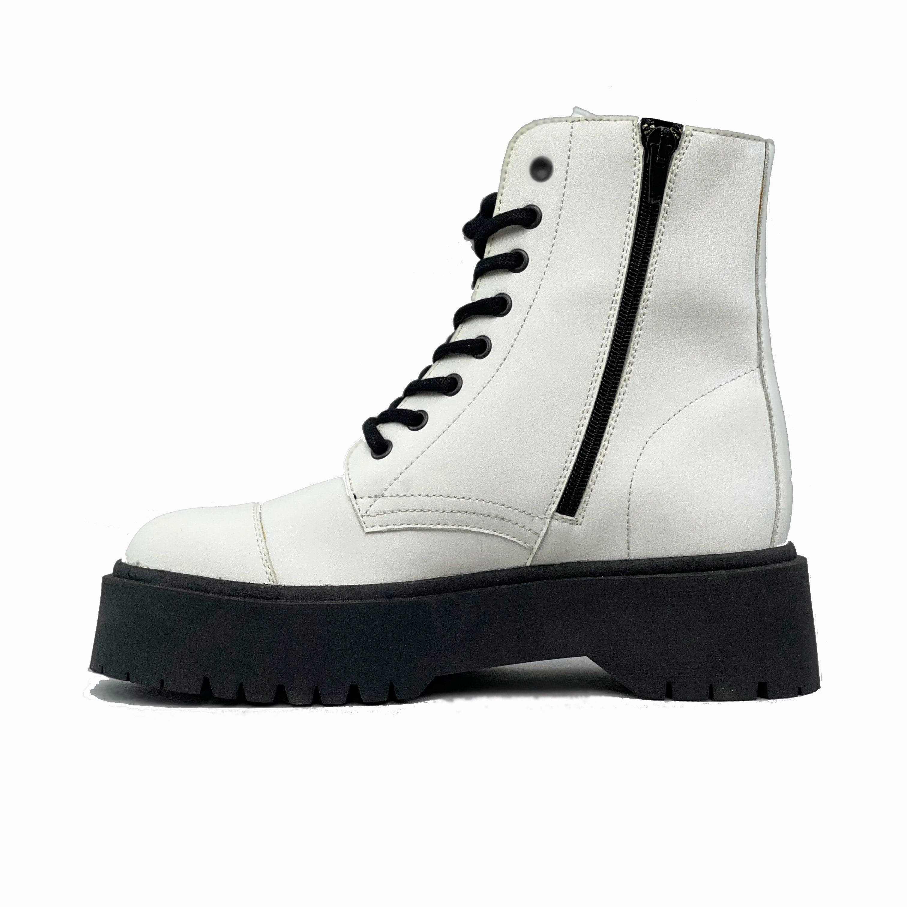 Combat Boots With Cheetah Print Inside 'Leela' vegan-leather boot with stacked sole for women by Zette Shoes - white