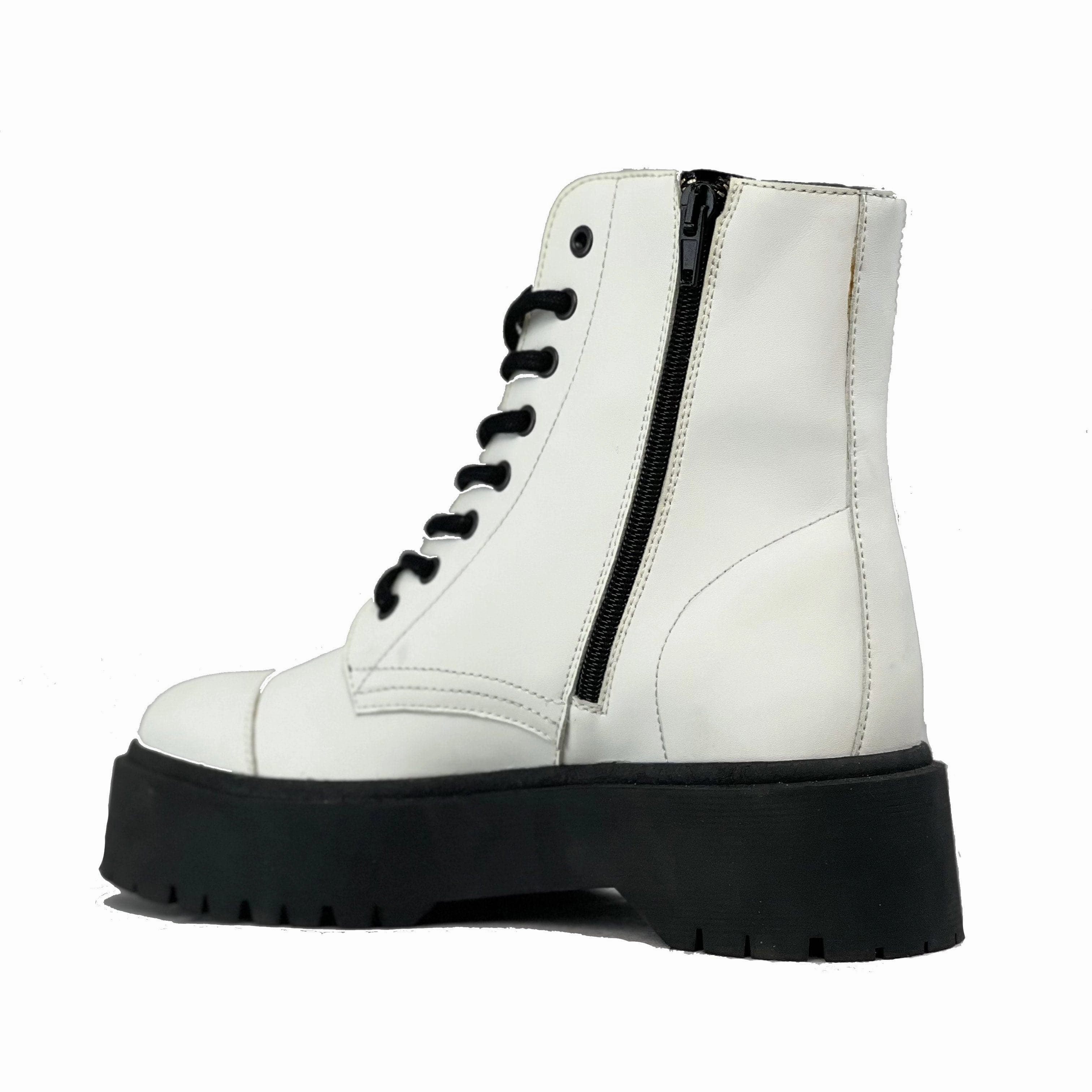 'Leela' vegan-leather boot with stacked sole for women by Zette Shoes - white Combat Boots With Boyfriend Jeans