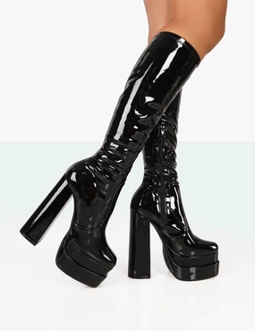 Passive Wide Fit Black Patent Square Toe Platform Block High Heel Over the Knee Boots Affordable Knee High Boots