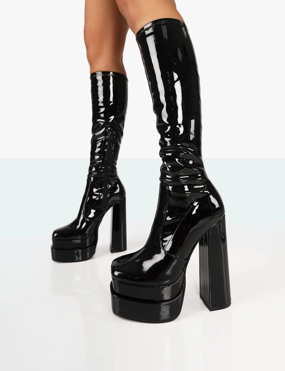 Quilted Knee High Riding Boots Passive Wide Fit Black Patent Square Toe Platform Block High Heel Over the Knee Boots