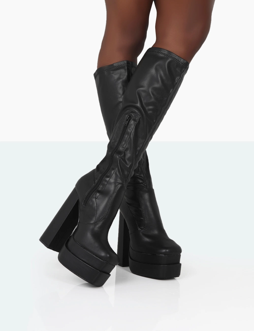 Passive Wide Fit Black Pu Square Toe Platform Block High Heel Over the Knee Boots Flat Elastic Knee High Boots