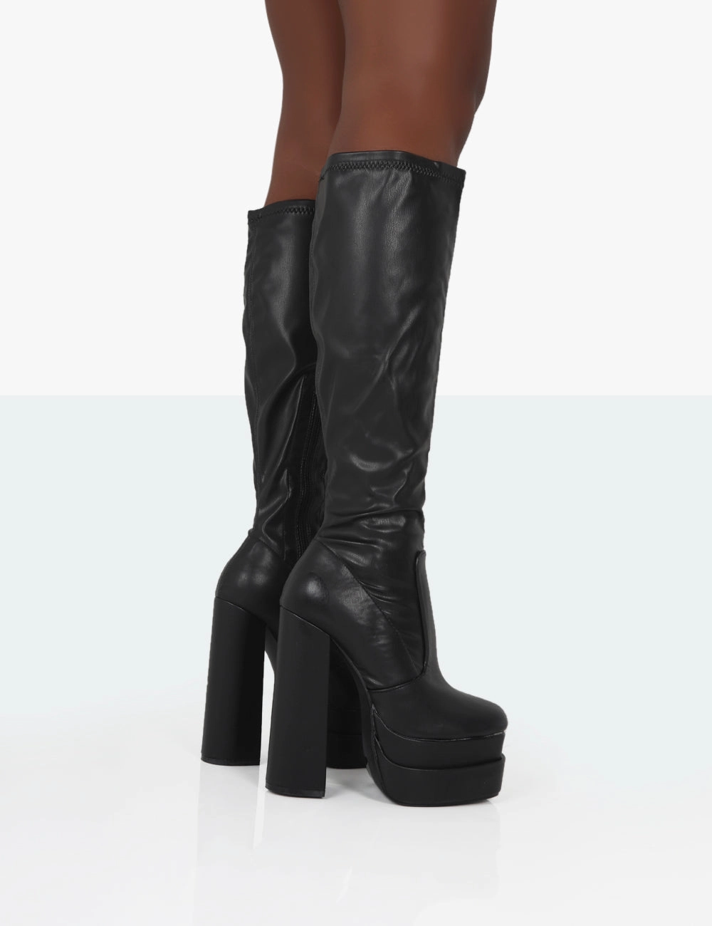 Wedge High Knee Boots Passive Wide Fit Black Pu Square Toe Platform Block High Heel Over the Knee Boots