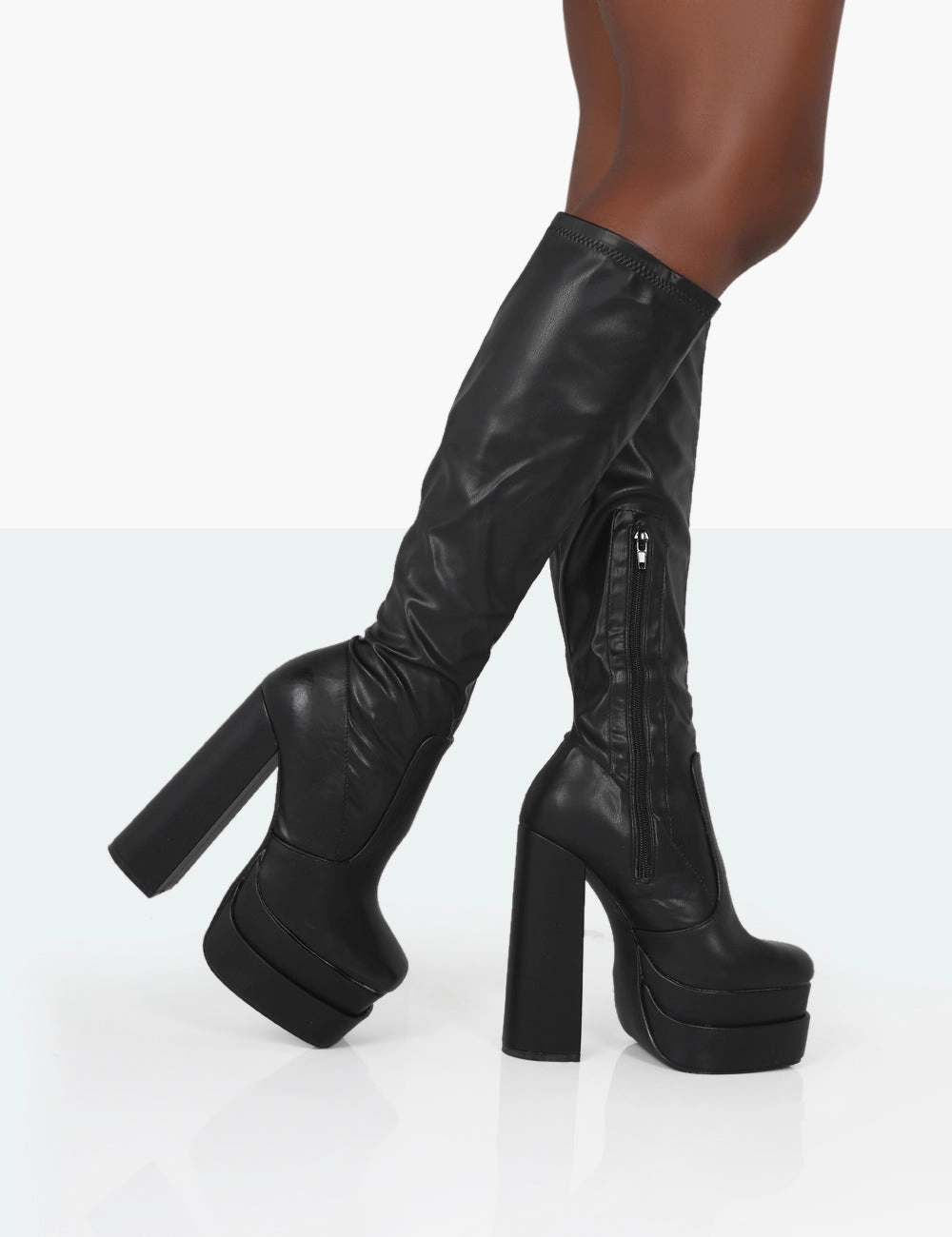 Passive Wide Fit Black Pu Square Toe Platform Block High Heel Over the Knee Boots Cowhide Knee High Boots