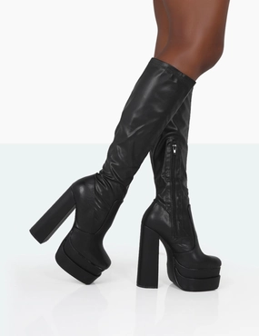 Passive Wide Fit Black Pu Square Toe Platform Block High Heel Over the Knee Boots More Fun Round Toe Knee High Boots