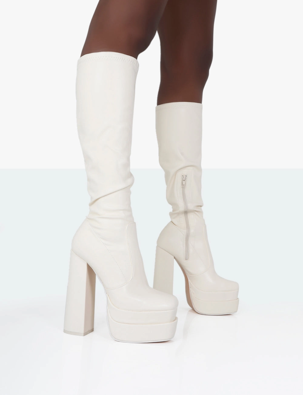 Passive Wide Fit Ecru Pu Square Toe Platform Block High Heel Over the Knee Boots High Knee Boots And Dress